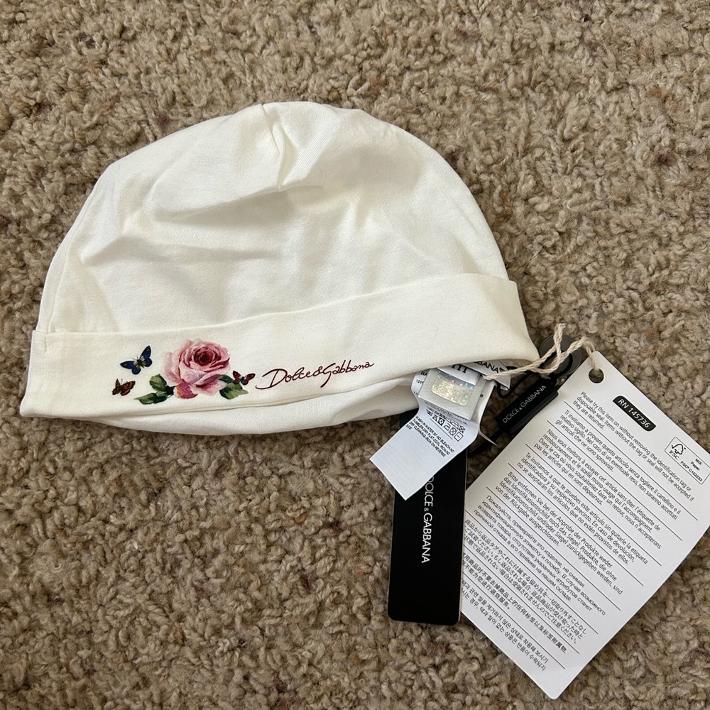 Dolce & Gabbana Cream Baby Hat with Floral Accents